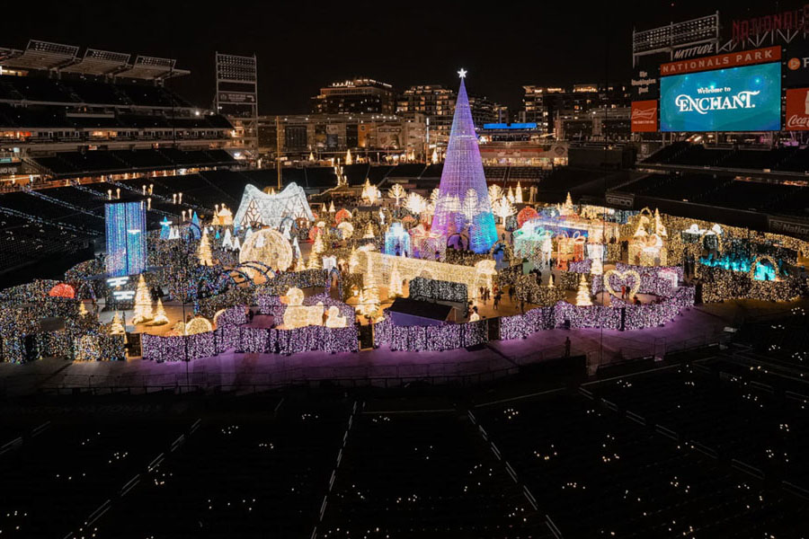 Photo of National Baseball Park decorated in holiday lights, holiday trees and an ice rink