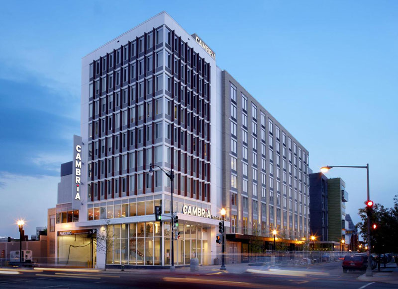 Exterior of the Cambria Suites Washington, DC at night - Hotels near the Convention Center in Washington, DC