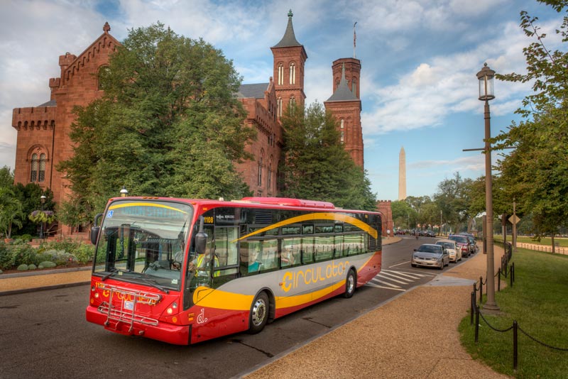 DC Circulator bus on the National Mall in front of the Smithsonian Castle - How to get around Washington, DC