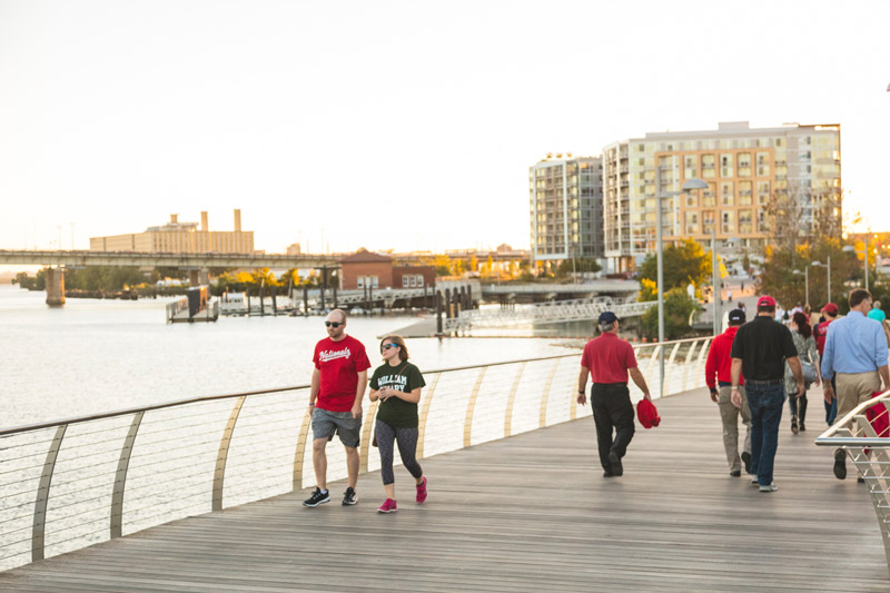 Summer evening on Anacostia Riverwalk Trail in Capitol Riverfront - Waterfront activities in Washington, DC