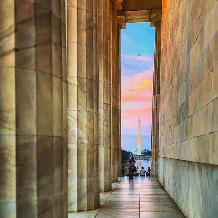 Washington Monument taken at sunset from the Lincoln Memorial