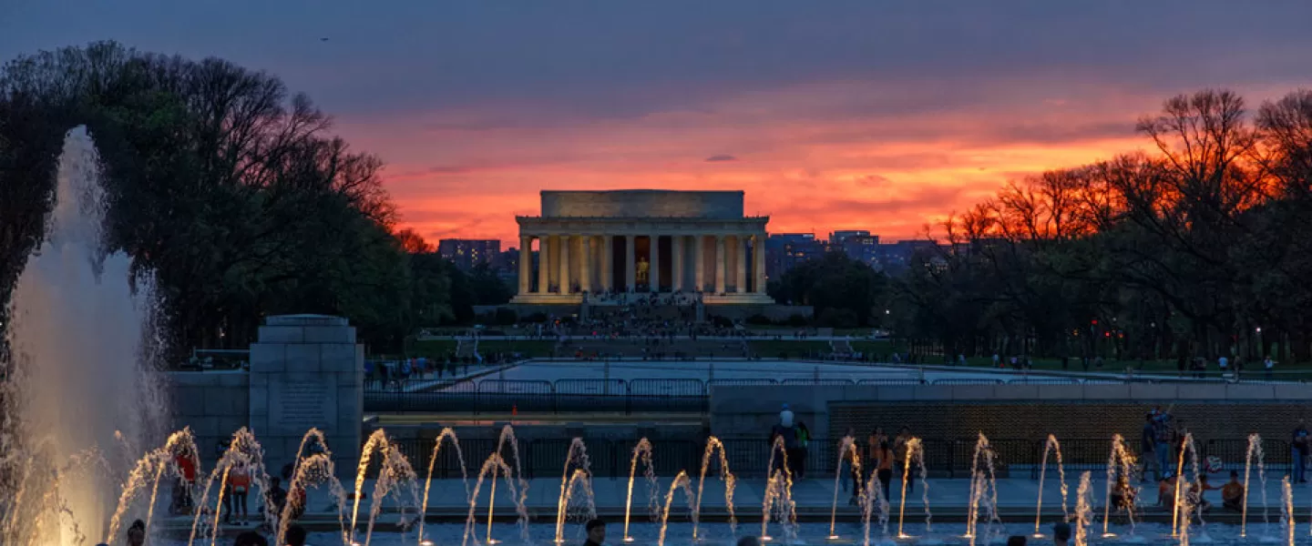 Sunset at the World War II Memorial & Lincoln Memorial - Washington, DC