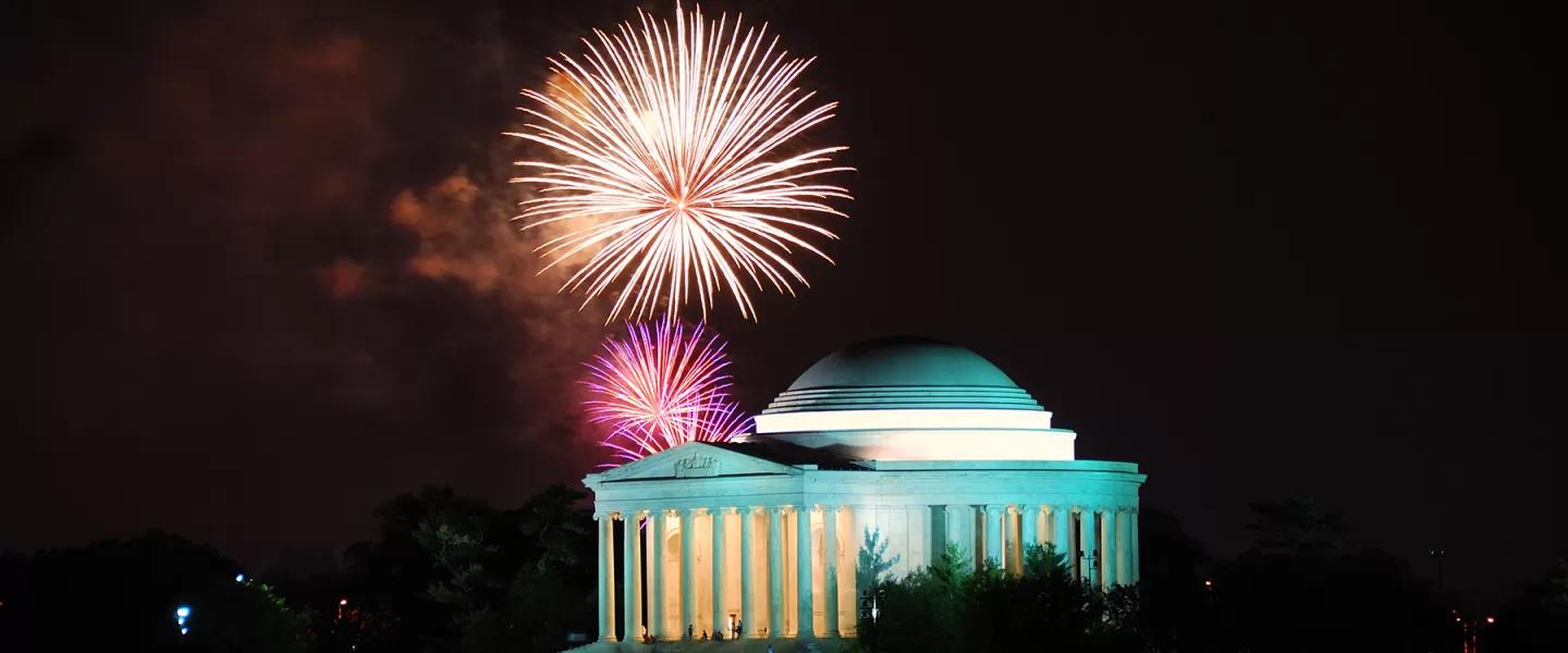 Thomas Jefferson Memorial with Fireworks in the night sky