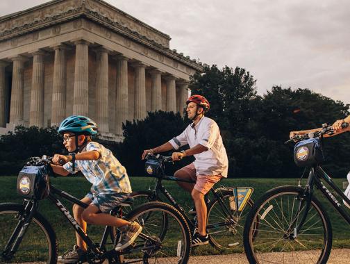 Biking near the Lincoln Memorial on the National Mall, Washington DC