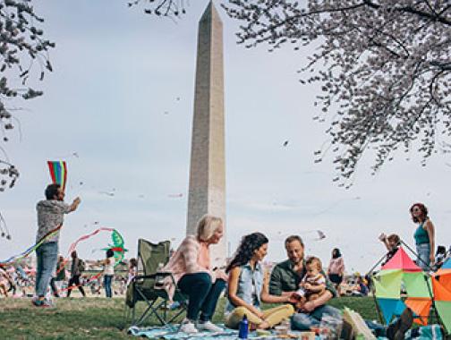 Multigenerational family picnicking at the Washington Monument