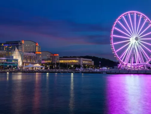 National Harbor shops and Capital Wheel at night - Waterfront things to do in Maryland near Washington, DC