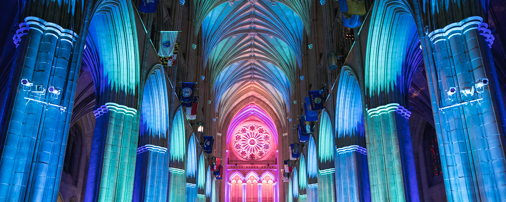 Cathedral light up inside with Blue & Pink lights (Credit: Jason Dixson)