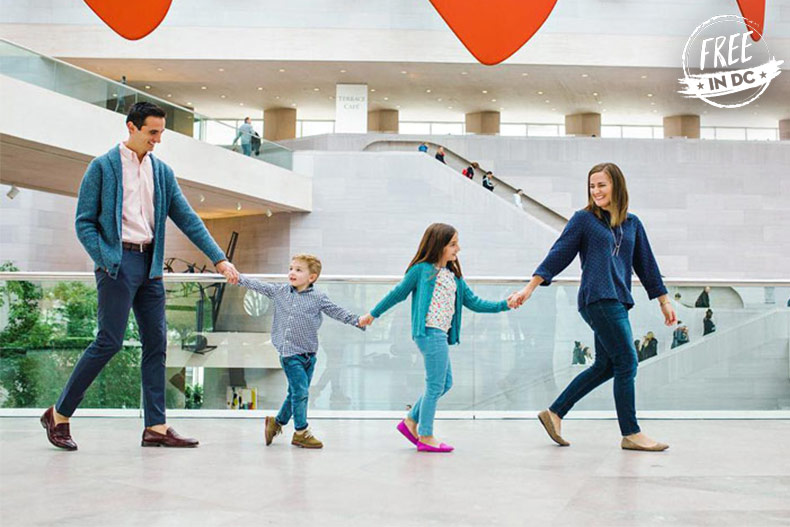 Free museum experiences in Washington, DC - Family at the National Gallery of Art East Building on the National Mall